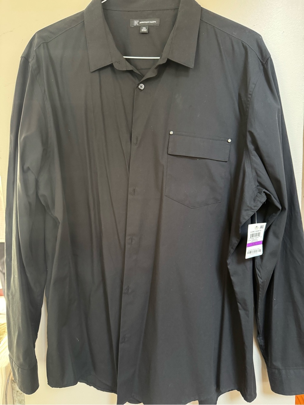 INC International Concepts Black Long-Sleeve Button-Down Shirt with Chest Pocket